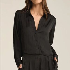 Zsupply Satin Black Button Down Shirt for Women